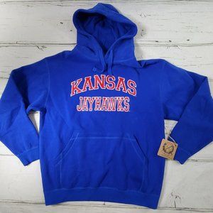 Kansas KU Jayhawks Campus Drive Blue Embroidered Spell Out LS Hoodie Mens M NWT